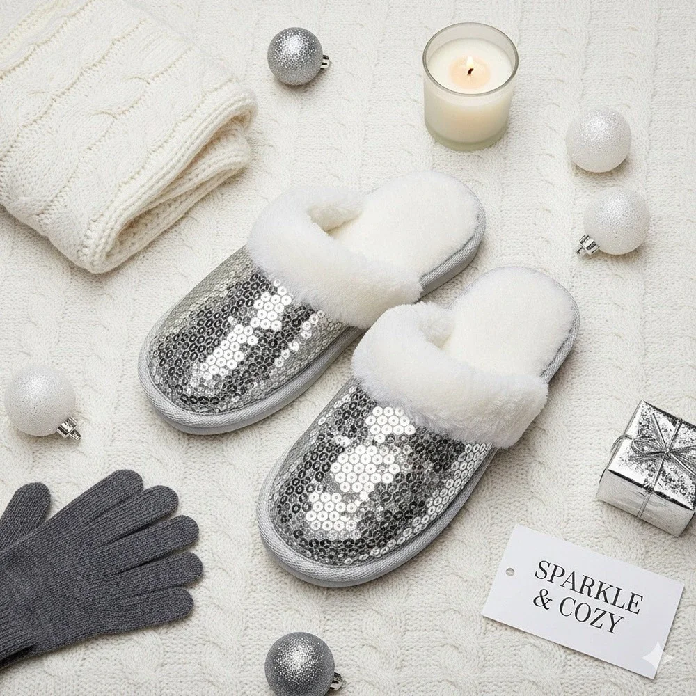 Kids Silver Sequin‎ Slippers Fuzzy Cozy House Shoes Sparkly Girls